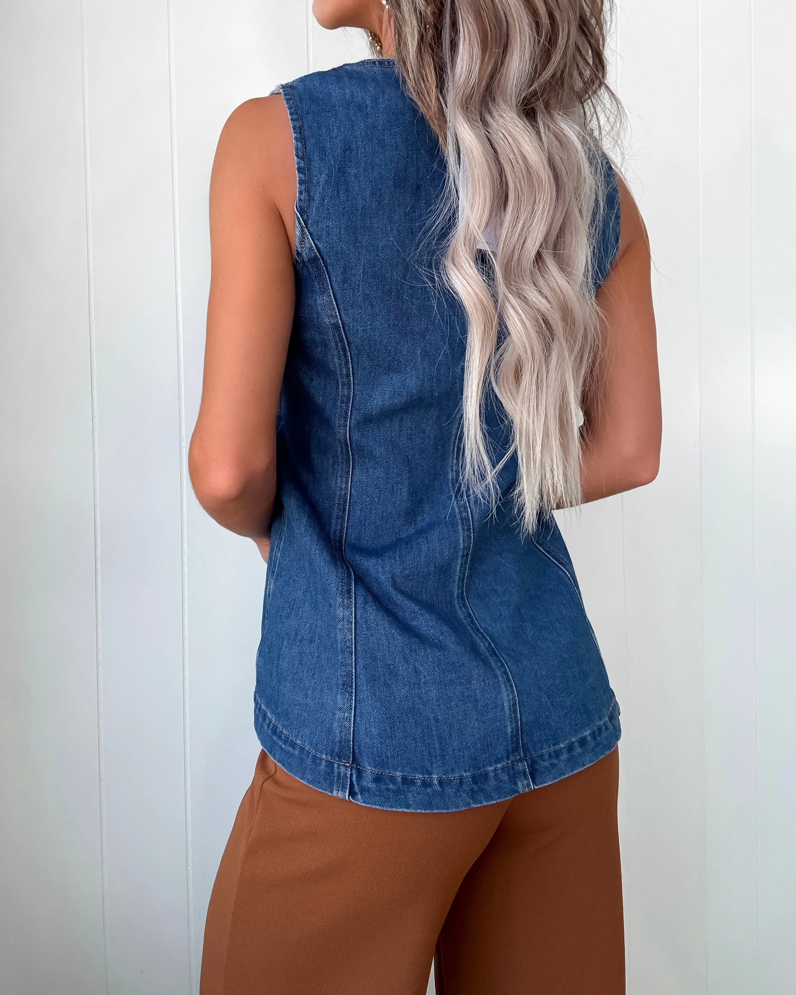 Gold Button Denim Vest - Medium Wash - Image 3