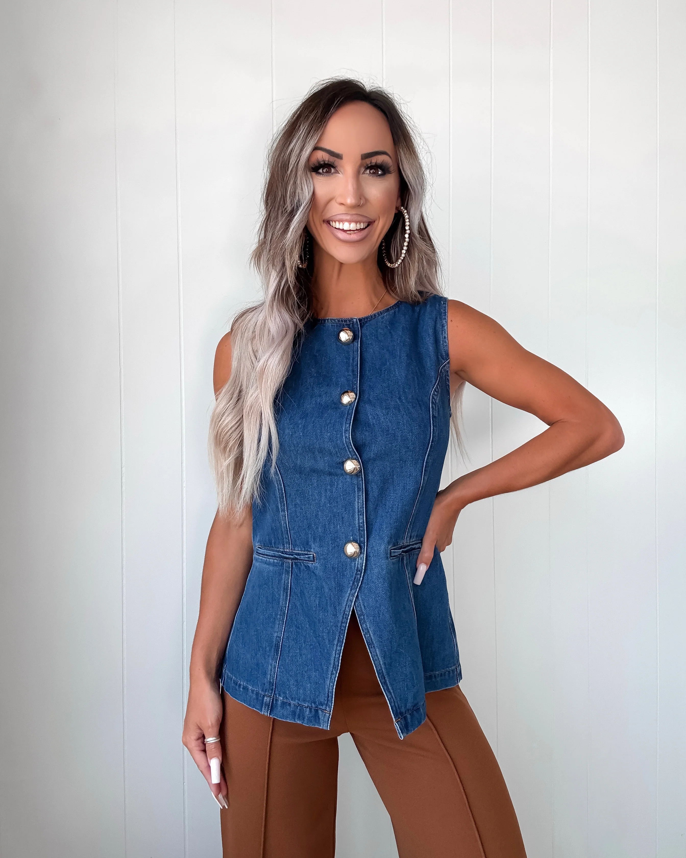 Gold Button Denim Vest - Medium Wash - Image 5