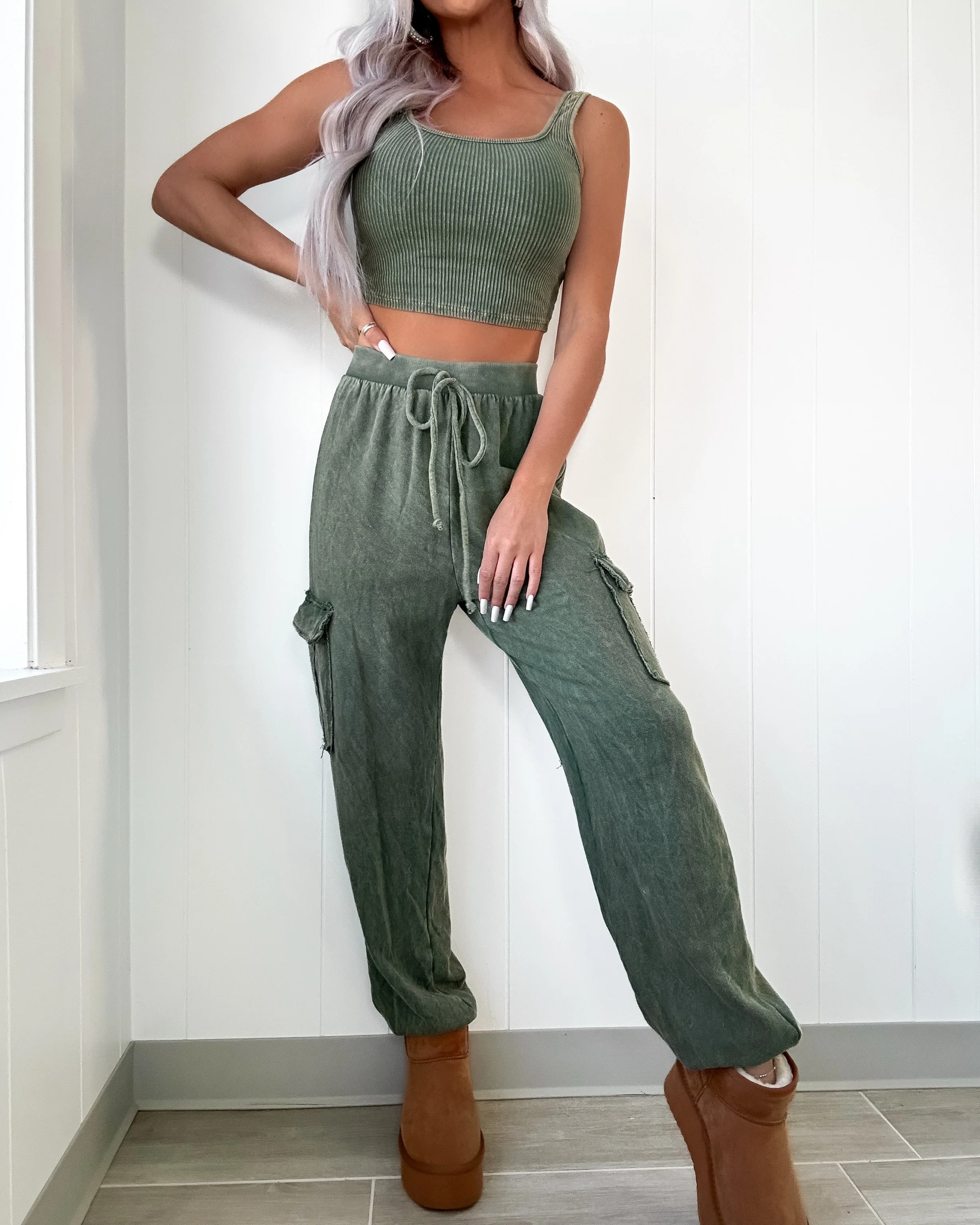 Happy Thoughts Ribbed Brami Tank - Olive - Image 3