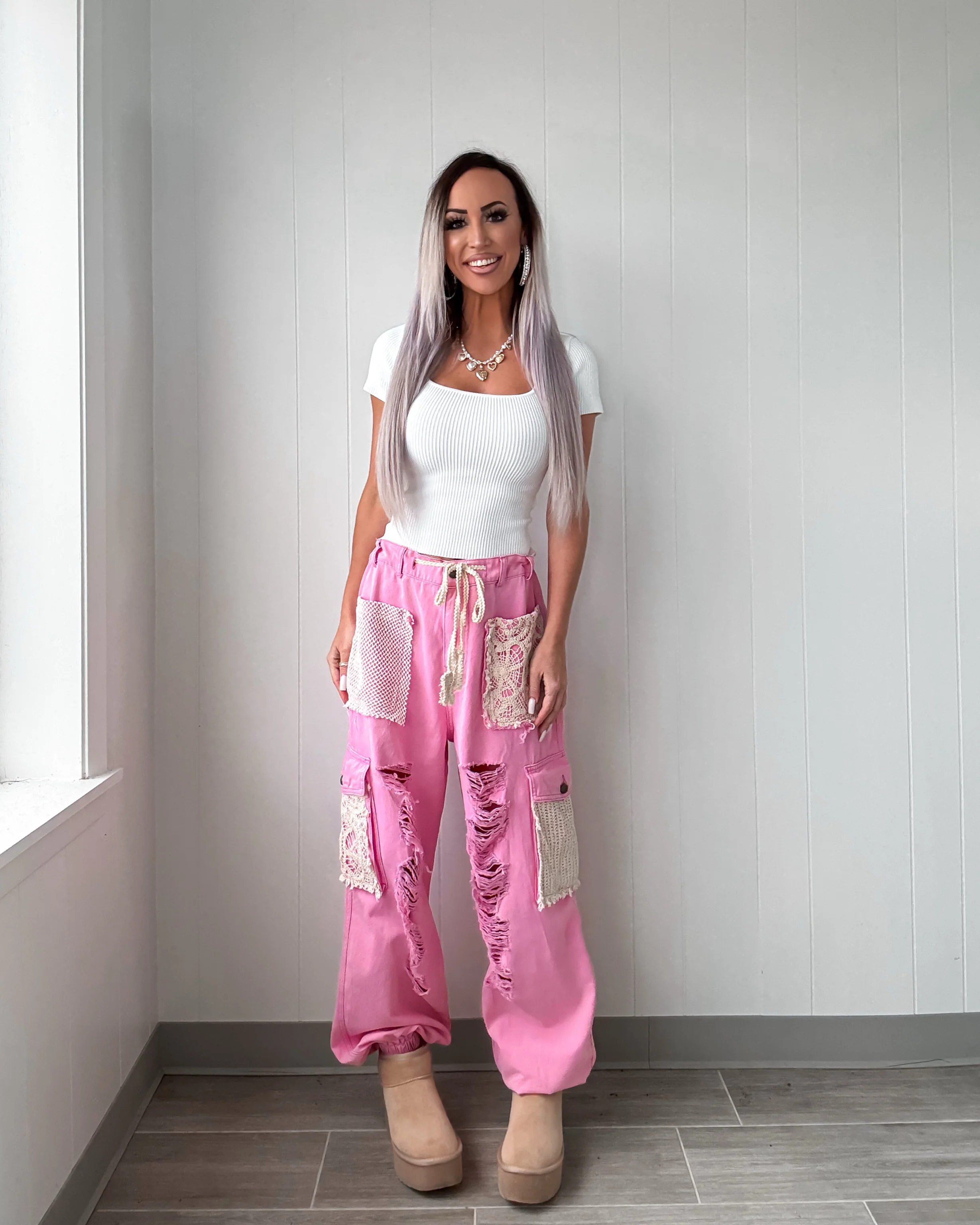 It's A Crush Crochet Patch Denim Joggers - Pink - Image 3