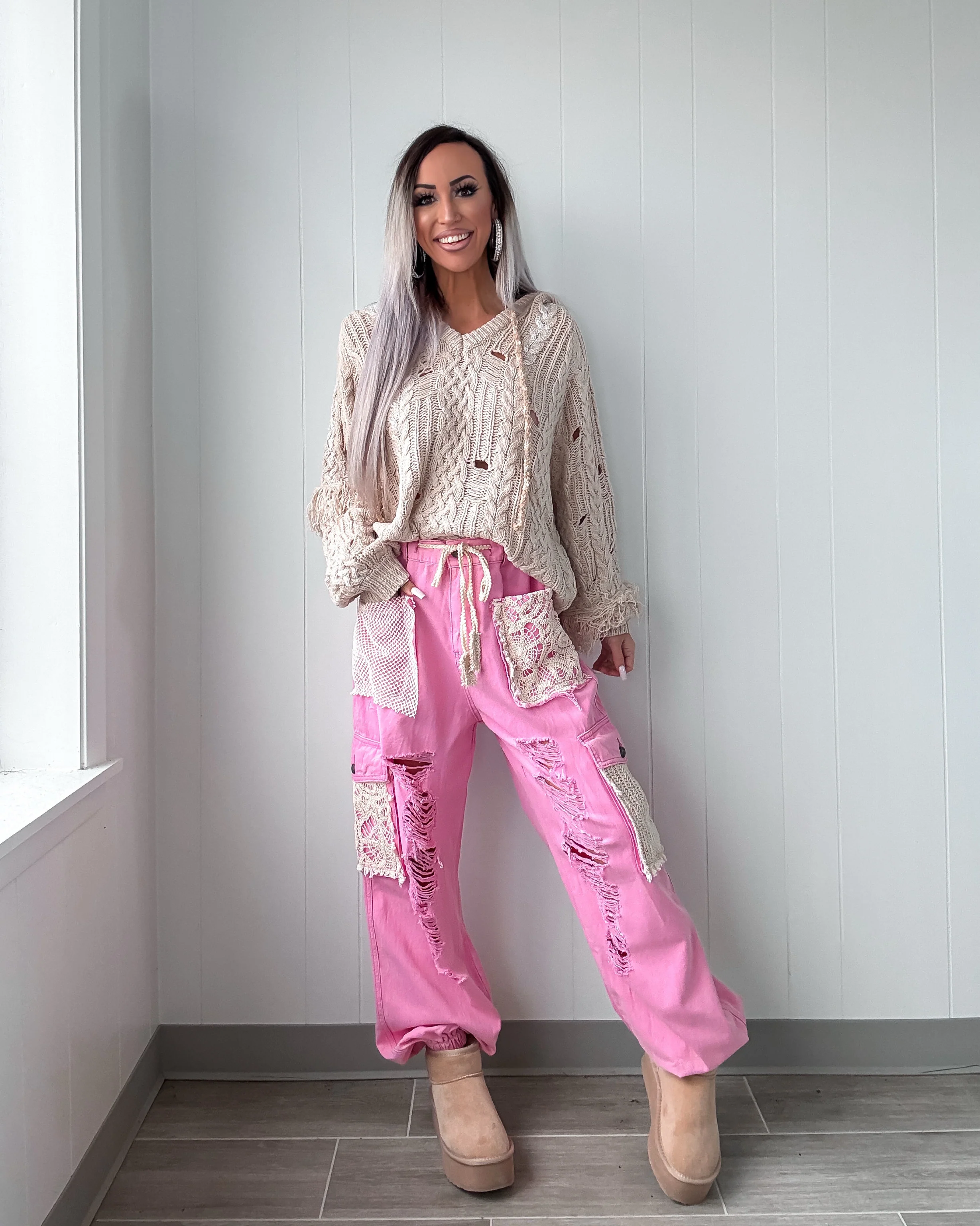It's A Crush Crochet Patch Denim Joggers - Pink - Image 4