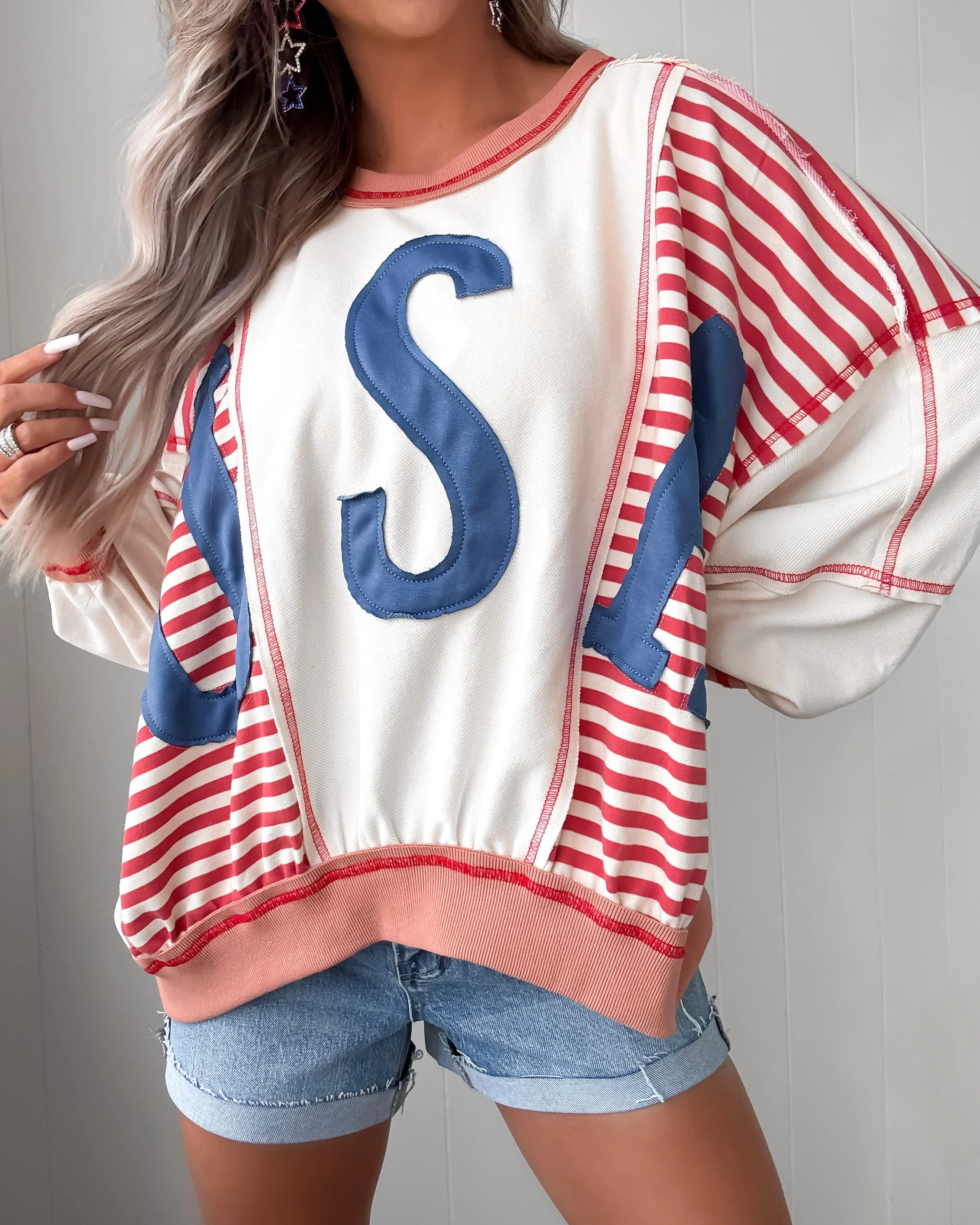 Land Of The Free Striped Sweatshirt - Oatmeal/Red - Image 3