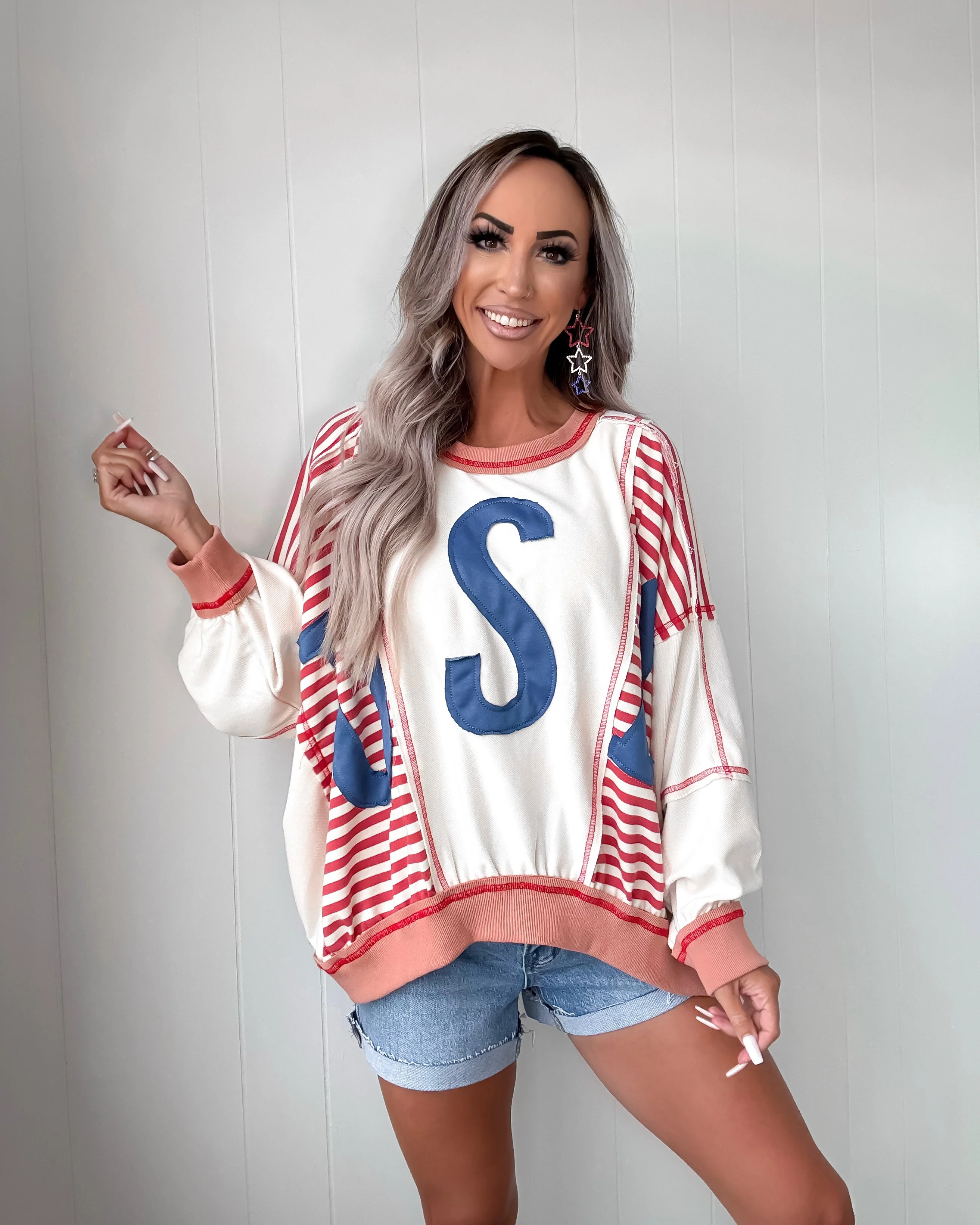 Land Of The Free Striped Sweatshirt - Oatmeal/Red - Image 4