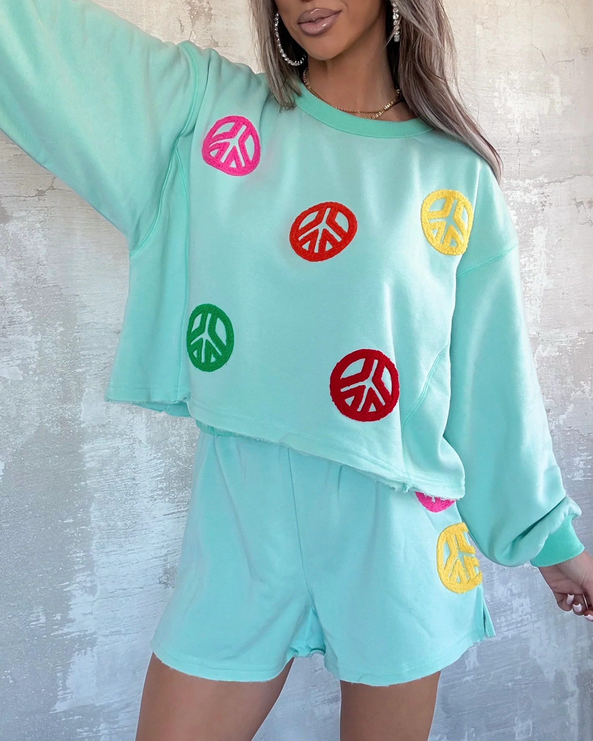 Peaceful Mind Patchwork Shorts Set - Aqua - Image 3