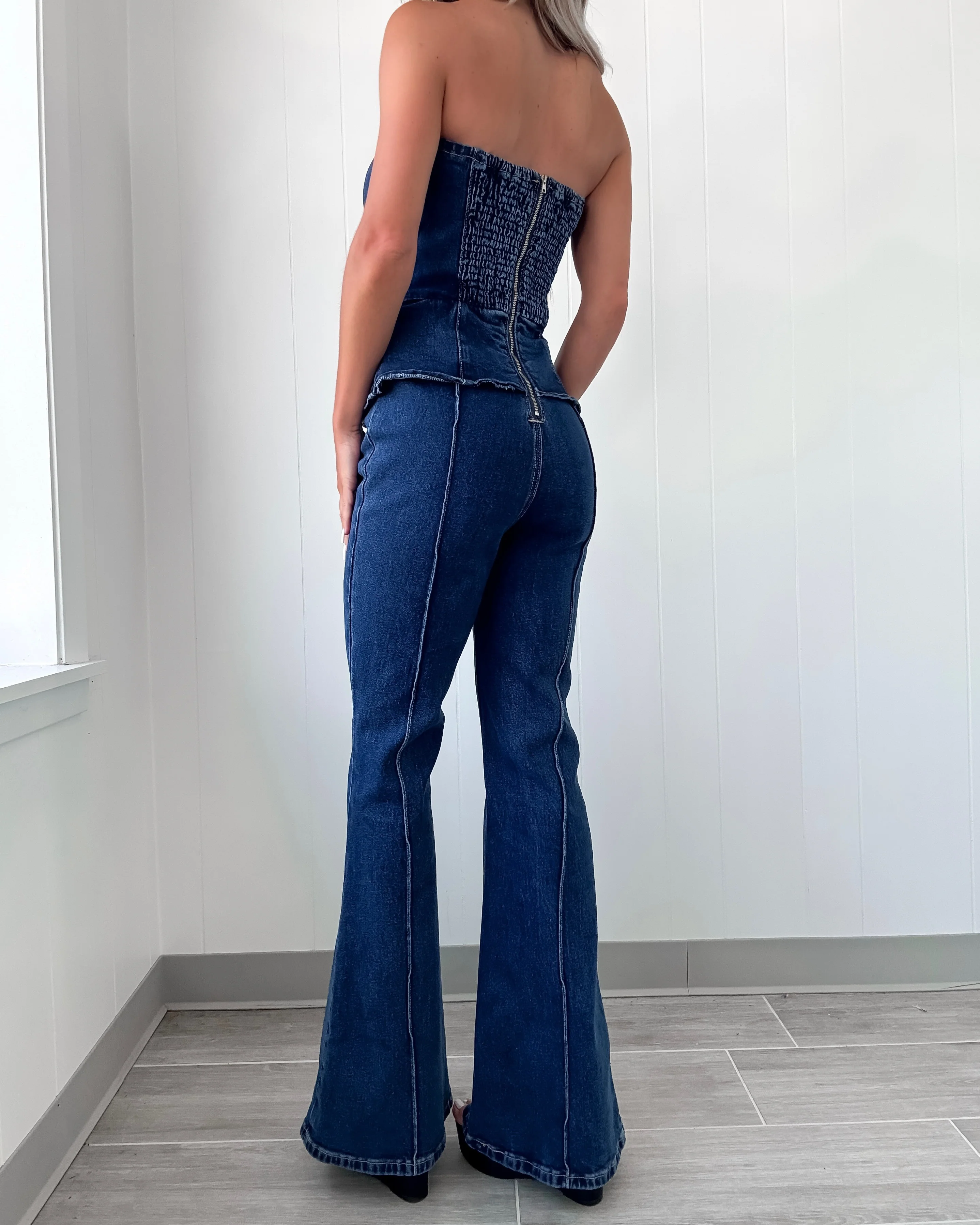 Phoenix Flare Denim Jumpsuit - Dark Wash - Image 3