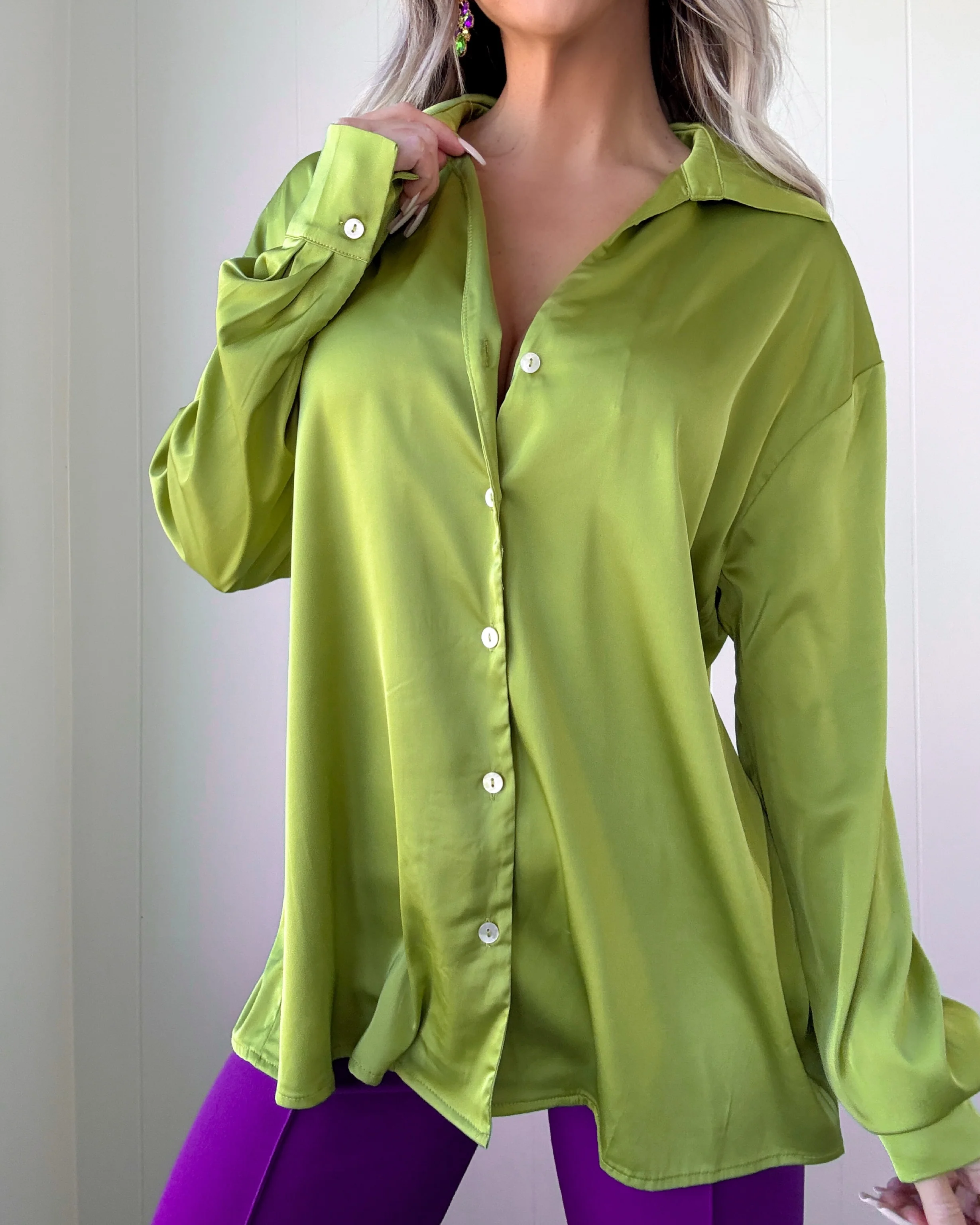 So Vogue Satin Button Down Top - Green - Image 3