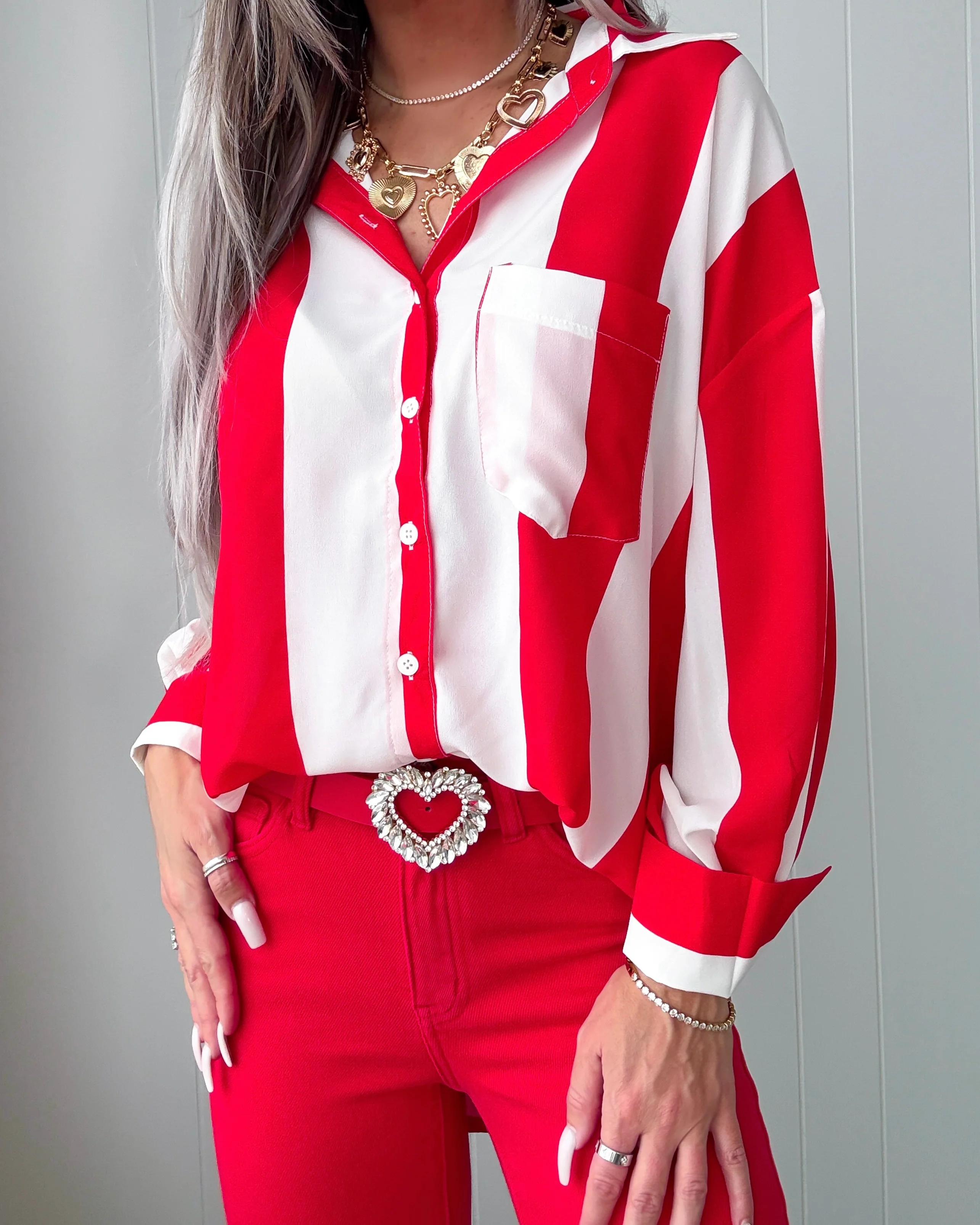 Twilight Stroll Striped Button Down Top - Red - Image 3